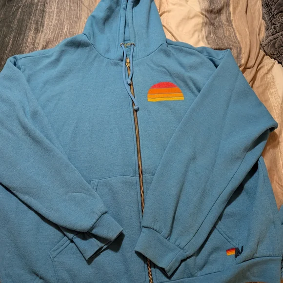 Aviator Nation Set Light Blue Sweatpants And Zip Up Hoodie with Multicolor Logo - Picture 6 of 8